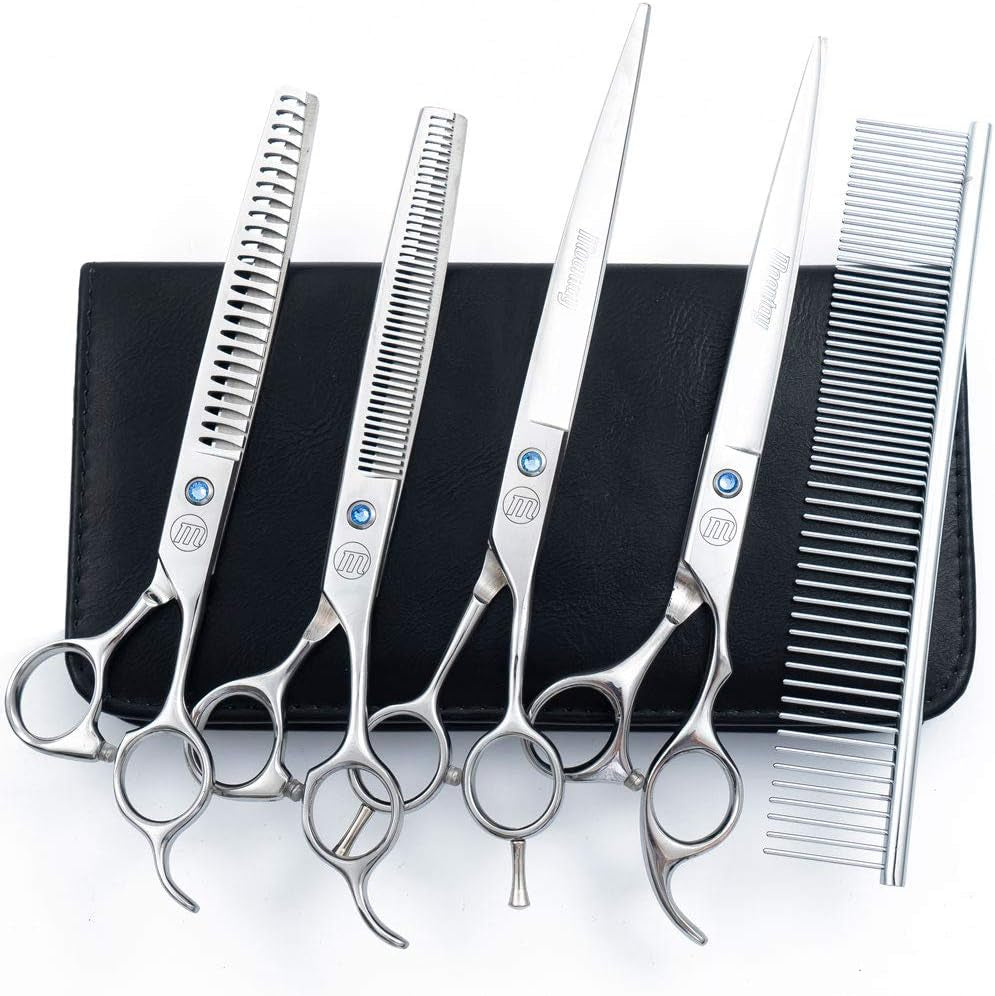 Professional Dog Grooming Scissors Set, 7 Inch/8 Inch Pet Grooming Scissors Chunkers Shears for Dog, Curved Dog Grooming Scissors, Thinning Shears for Dog with Grooming Comb | Pet Grooming Chunkers Shears for Dog, Curved Dog Grooming Scissors, Thinning Shears for Dog with Grooming Comb, Gold