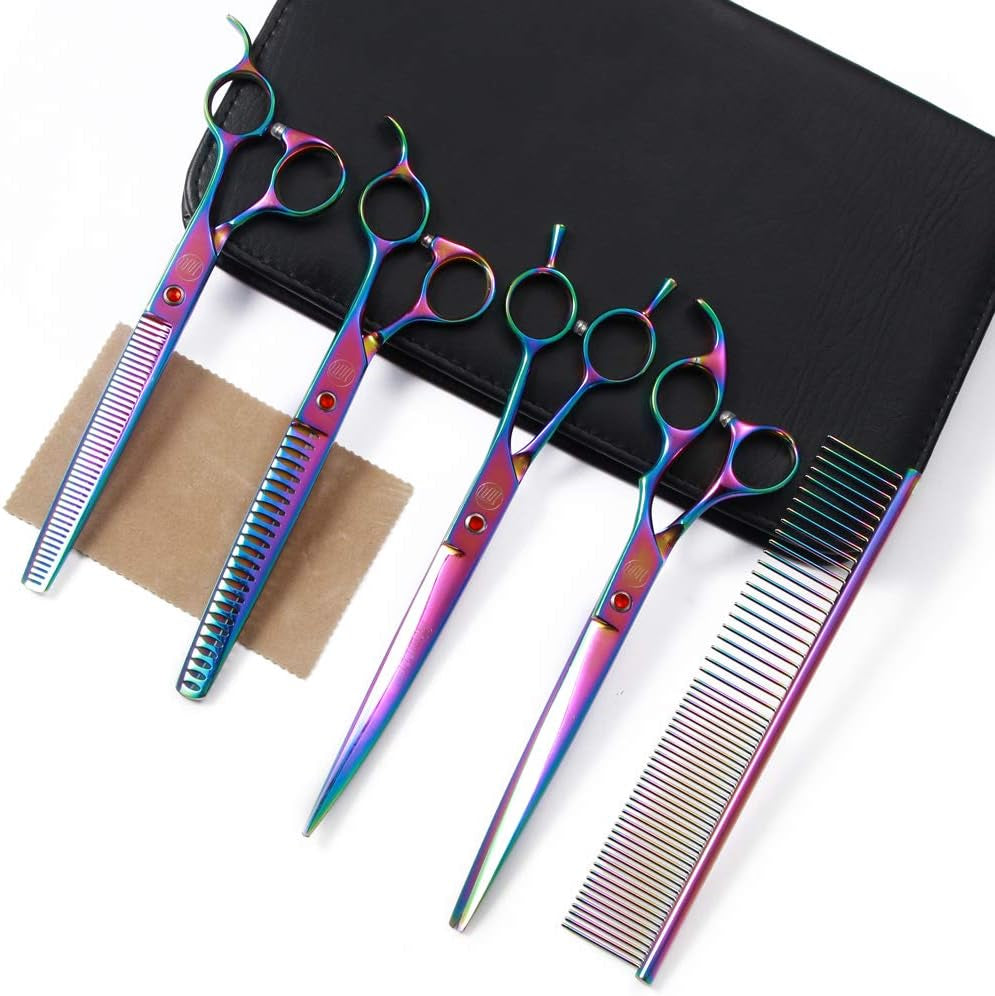 Professional Dog Grooming Scissors Set, 7 Inch/8 Inch Pet Grooming Scissors Chunkers Shears for Dog, Curved Dog Grooming Scissors, Thinning Shears for Dog with Grooming Comb | Pet Grooming Chunkers Shears for Dog, Curved Dog Grooming Scissors, Thinning Shears for Dog with Grooming Comb, Gold