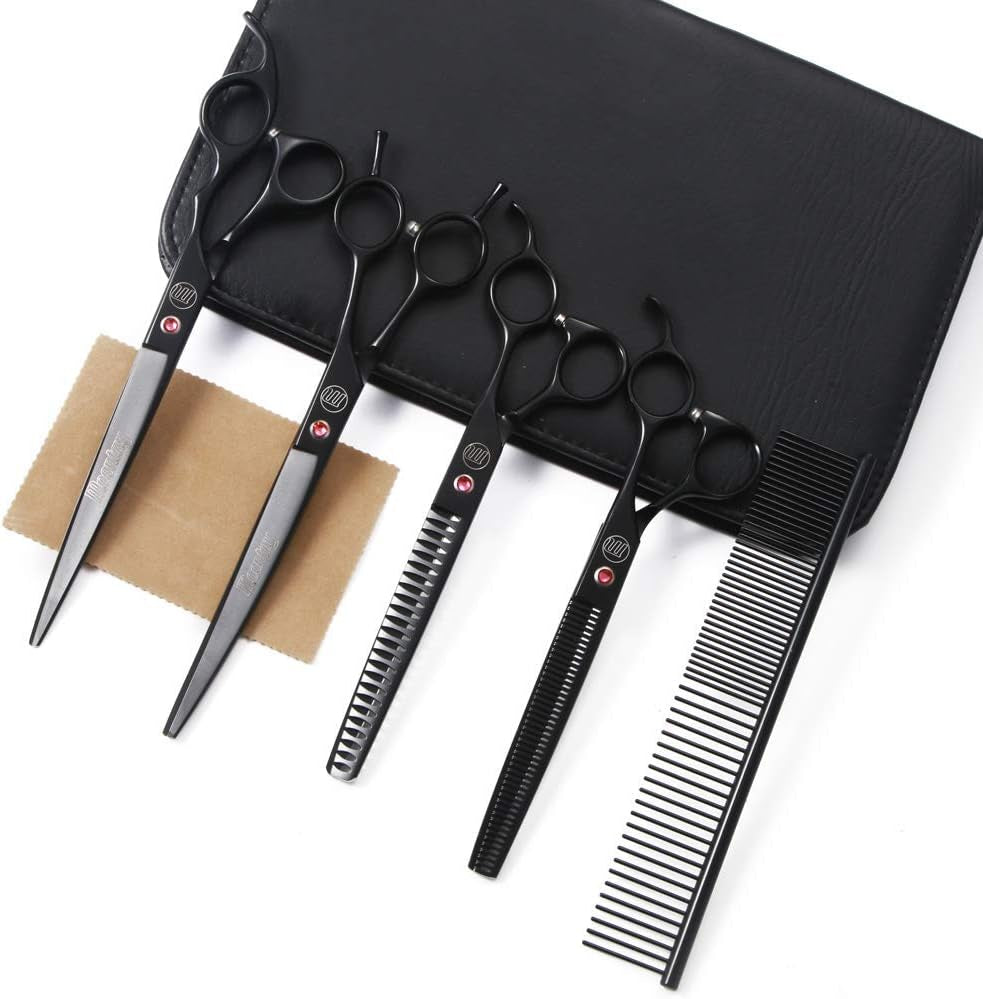 Professional Dog Grooming Scissors Set, 7 Inch/8 Inch Pet Grooming Scissors Chunkers Shears for Dog, Curved Dog Grooming Scissors, Thinning Shears for Dog with Grooming Comb | Pet Grooming Chunkers Shears for Dog, Curved Dog Grooming Scissors, Thinning Shears for Dog with Grooming Comb, Gold
