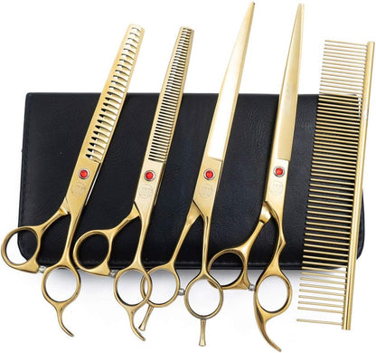 Professional Dog Grooming Scissors Set, 7 Inch/8 Inch Pet Grooming Scissors Chunkers Shears for Dog, Curved Dog Grooming Scissors, Thinning Shears for Dog with Grooming Comb | Pet Grooming Chunkers Shears for Dog, Curved Dog Grooming Scissors, Thinning Shears for Dog with Grooming Comb, Gold