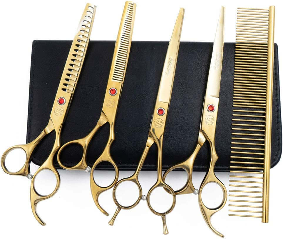 Professional Dog Grooming Scissors Set, 7 Inch/8 Inch Pet Grooming Scissors Chunkers Shears for Dog, Curved Dog Grooming Scissors, Thinning Shears for Dog with Grooming Comb | Pet Grooming Chunkers Shears for Dog, Curved Dog Grooming Scissors, Thinning Shears for Dog with Grooming Comb, Gold