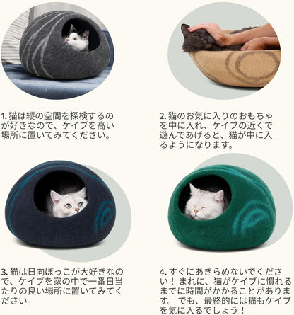 Premium Felt Cat Bed Cave - Handmade 100% Merino Wool Bed for Cats and Kittens (Light Shades) (Large, Light Grey)