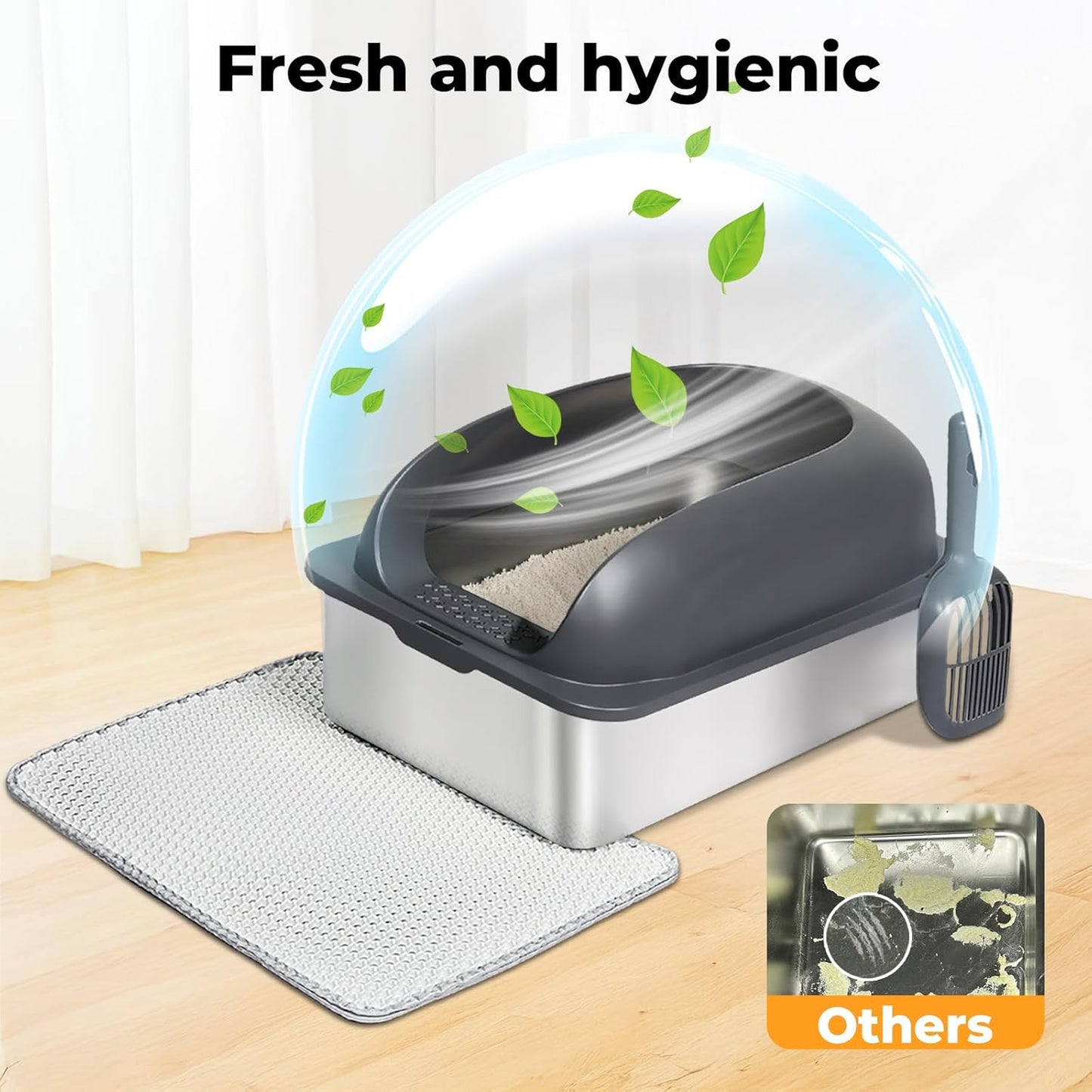 Stainless Steel Litter Box, 60×40×30Cm Extra Large Cat Litter Tray with High Sided for Big Cats, Non-Sticky Kitty Toilet with Cat Litter Scoop and Litter Mat, Anti-Urine Leakage, Easy to Clean