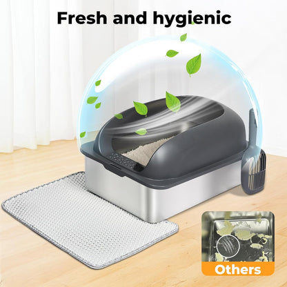 Stainless Steel Litter Box, 60×40×30Cm Extra Large Cat Litter Tray with High Sided for Big Cats, Non-Sticky Kitty Toilet with Cat Litter Scoop and Litter Mat, Anti-Urine Leakage, Easy to Clean