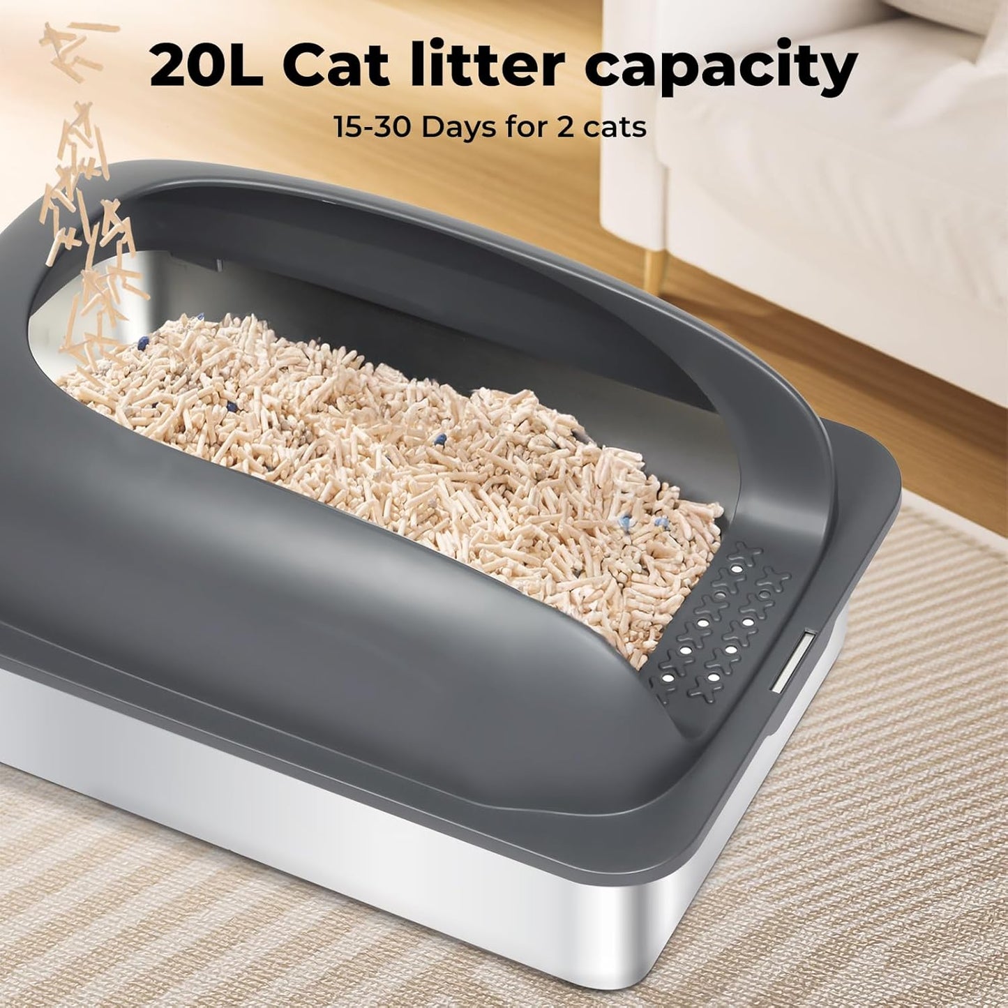 Stainless Steel Litter Box, 60×40×30Cm Extra Large Cat Litter Tray with High Sided for Big Cats, Non-Sticky Kitty Toilet with Cat Litter Scoop and Litter Mat, Anti-Urine Leakage, Easy to Clean