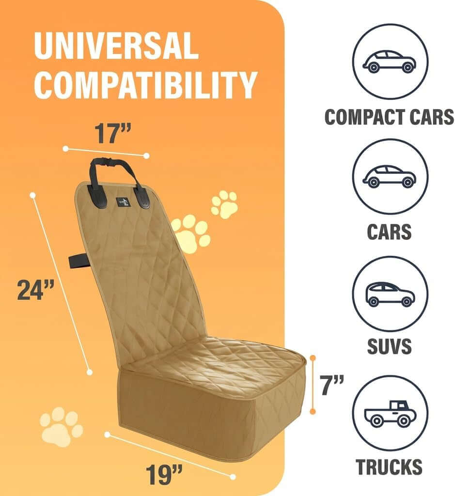 Dog Car Seat Cover, Waterproof Front Seat Protector for SUV Truck Sedan, Pet Safety Travel Comfort System with Universal Fit, Beige