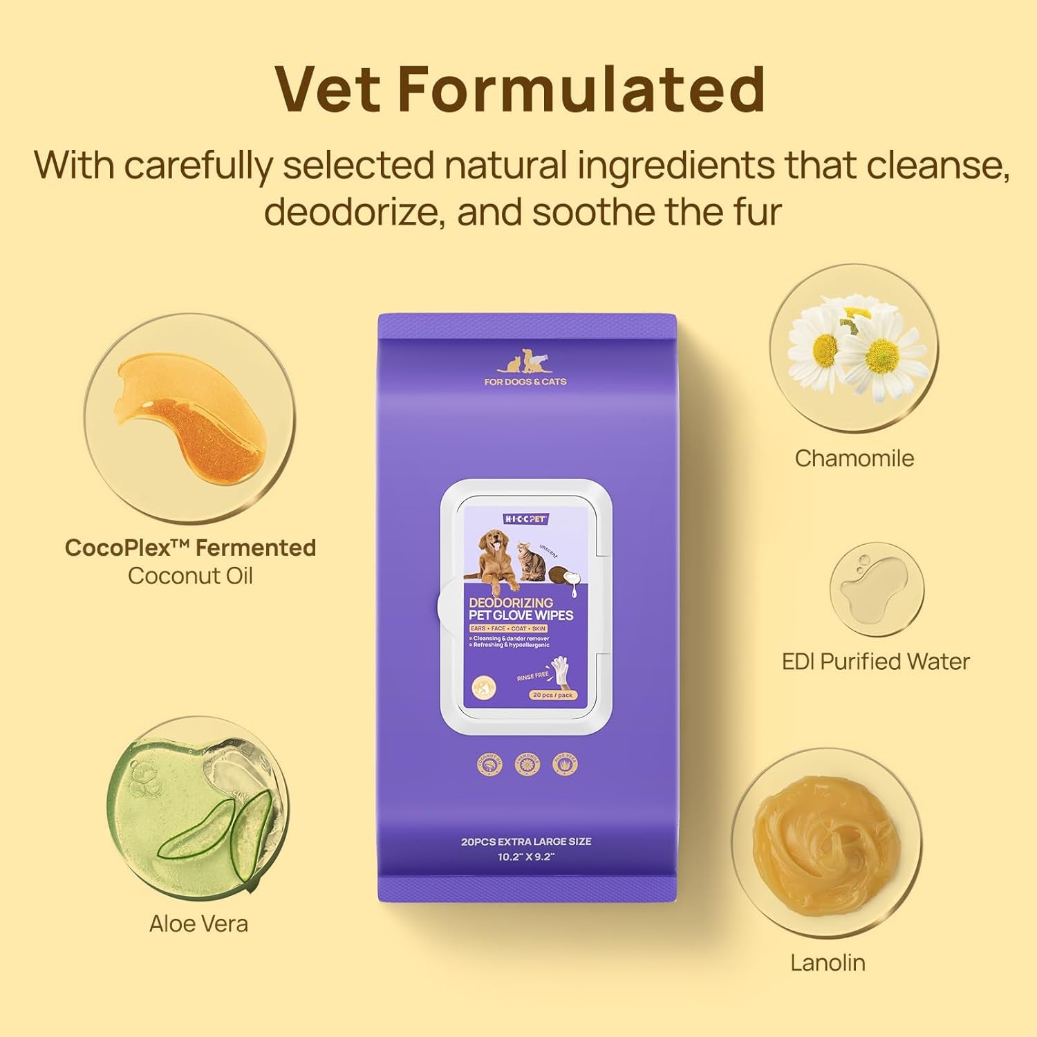 Cleaning Deodorizing Glove Wipes for Dogs & Cats, Vet Recommended Hypoallergenic Hydrating & Nourish Fur Pet Grooming Glove Wipes, Pet Bathing Wipes for Horse Coat Care,20Pcs Coconut Scent
