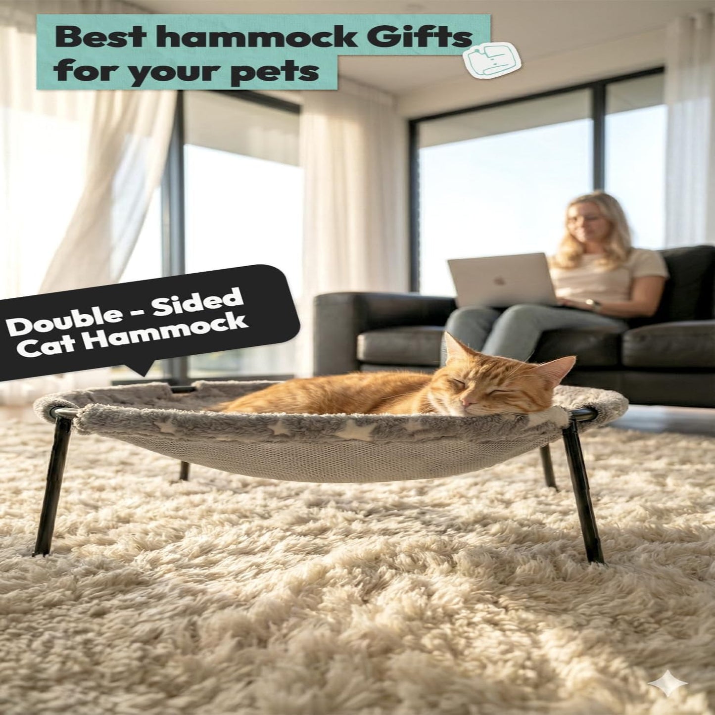 Elevated Cat Bed, Glow-In-The-Dark Fabric Cat Hammock Bed for Large Indoor Cats, Machine Washable & Breathable Cover, Tool Free Easy Assembly, up to 66Lbs (Gray, L)