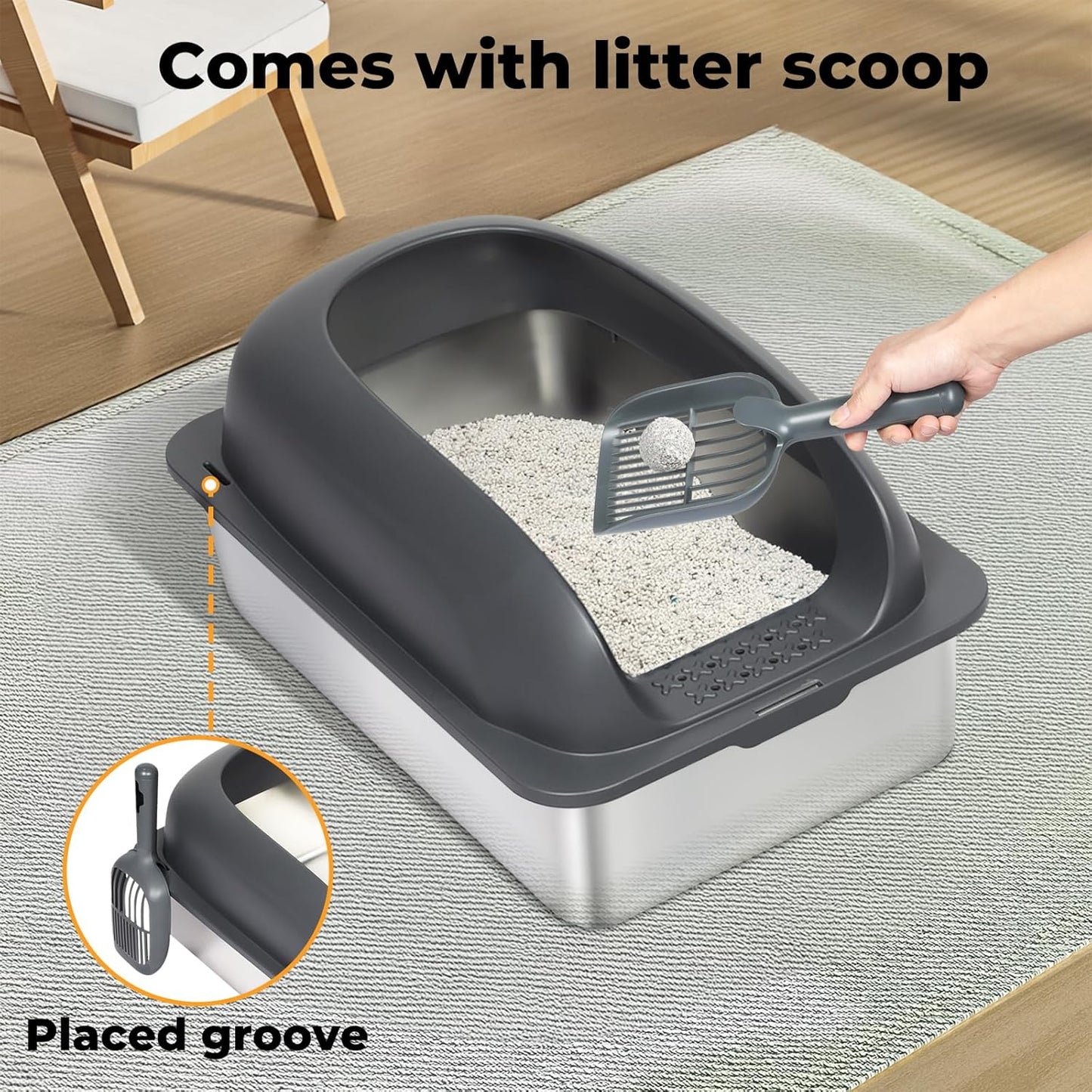 Stainless Steel Litter Box, 60×40×30Cm Extra Large Cat Litter Tray with High Sided for Big Cats, Non-Sticky Kitty Toilet with Cat Litter Scoop and Litter Mat, Anti-Urine Leakage, Easy to Clean