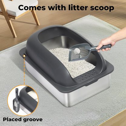Stainless Steel Litter Box, 60×40×30Cm Extra Large Cat Litter Tray with High Sided for Big Cats, Non-Sticky Kitty Toilet with Cat Litter Scoop and Litter Mat, Anti-Urine Leakage, Easy to Clean