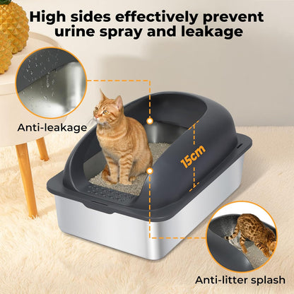 Stainless Steel Litter Box, 60×40×30Cm Extra Large Cat Litter Tray with High Sided for Big Cats, Non-Sticky Kitty Toilet with Cat Litter Scoop and Litter Mat, Anti-Urine Leakage, Easy to Clean