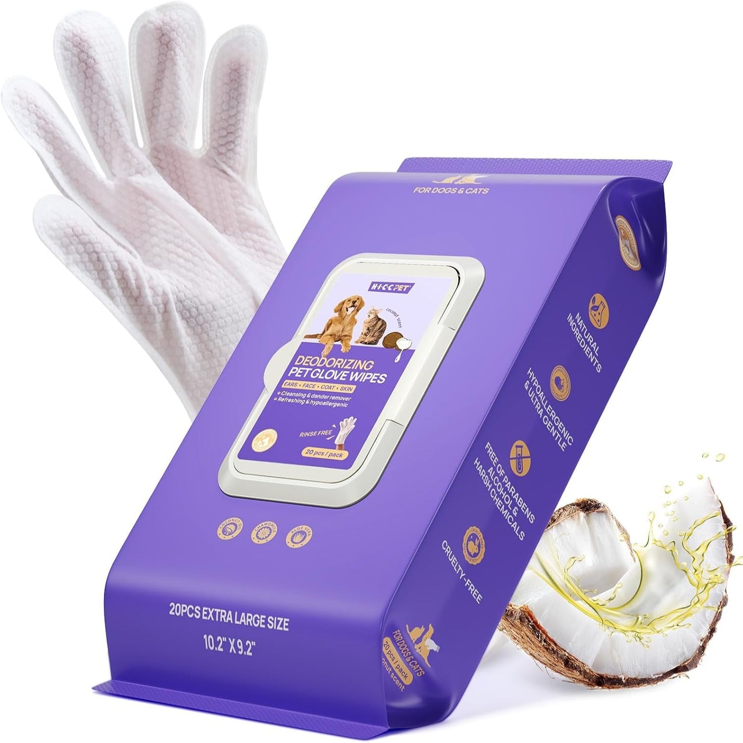 Cleaning Deodorizing Glove Wipes for Dogs & Cats, Vet Recommended Hypoallergenic Hydrating & Nourish Fur Pet Grooming Glove Wipes, Pet Bathing Wipes for Horse Coat Care,20Pcs Coconut Scent