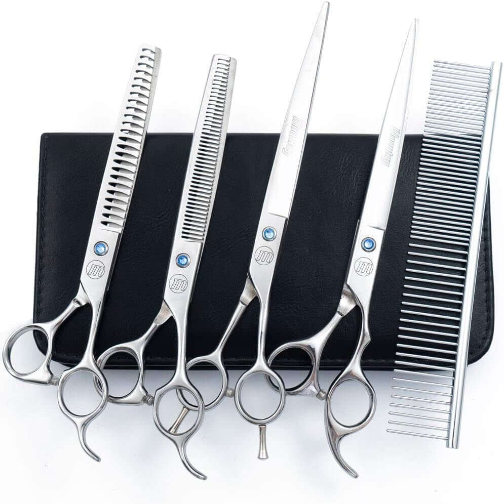 Professional Dog Grooming Scissors Set, 7 Inch/8 Inch Pet Grooming Scissors Chunkers Shears for Dog, Curved Dog Grooming Scissors, Thinning Shears for Dog with Grooming Comb | Pet Grooming Chunkers Shears for Dog, Curved Dog Grooming Scissors, Thinning Shears for Dog with Grooming Comb, Gold