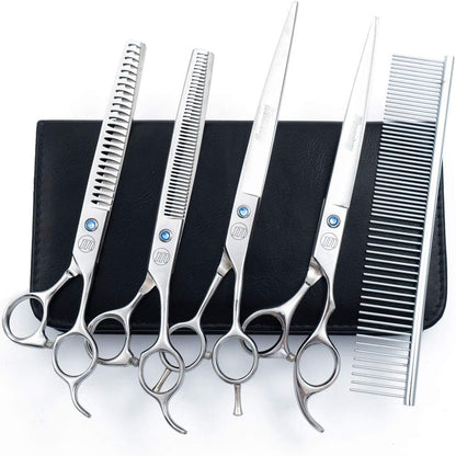 Professional Dog Grooming Scissors Set, 7 Inch/8 Inch Pet Grooming Scissors Chunkers Shears for Dog, Curved Dog Grooming Scissors, Thinning Shears for Dog with Grooming Comb | Pet Grooming Chunkers Shears for Dog, Curved Dog Grooming Scissors, Thinning Shears for Dog with Grooming Comb, Gold