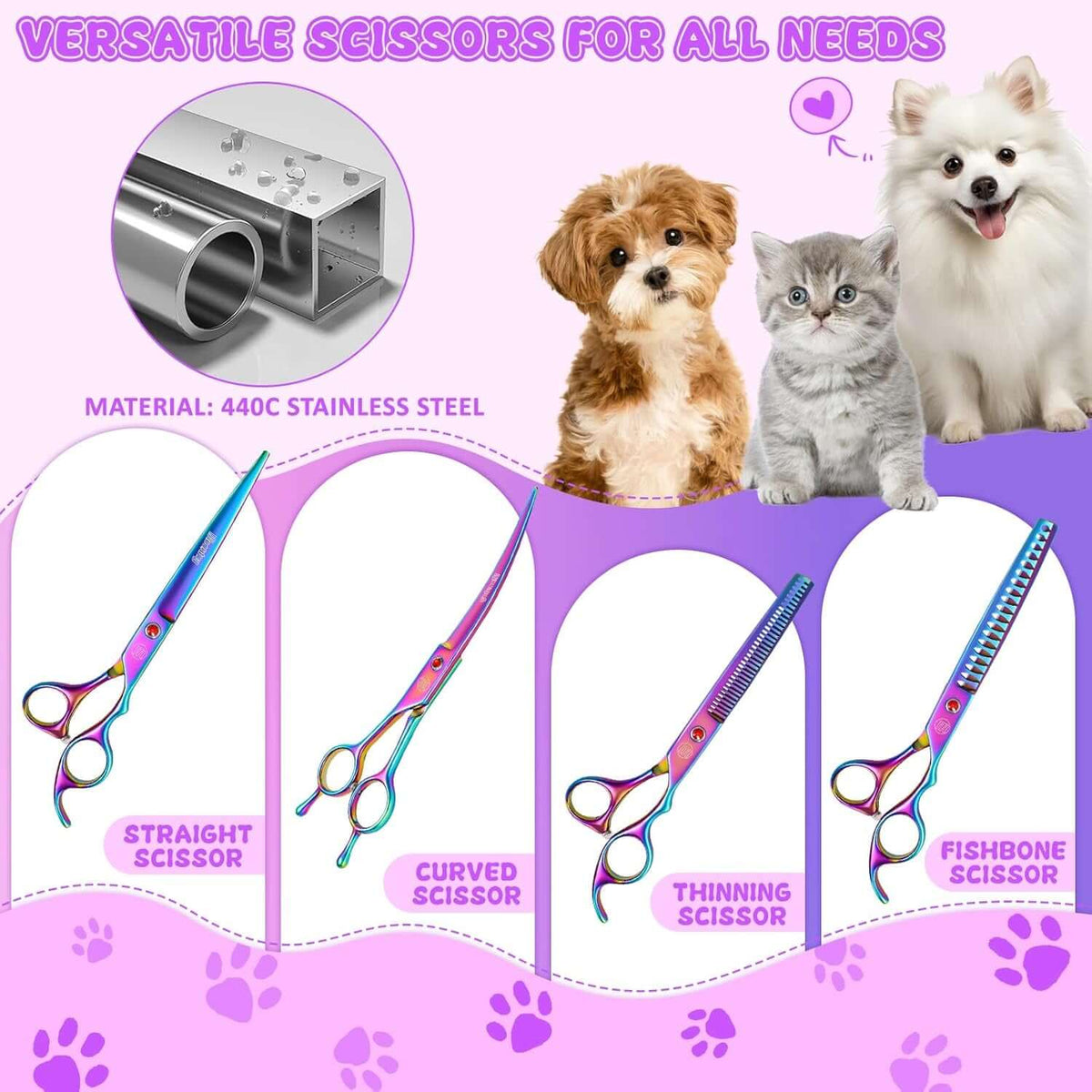 Professional Dog Grooming Scissors Set, 7 Inch/8 Inch Pet Grooming Scissors Chunkers Shears for Dog, Curved Dog Grooming Scissors, Thinning Shears for Dog with Grooming Comb | Pet Grooming Chunkers Shears for Dog, Curved Dog Grooming Scissors, Thinning Shears for Dog with Grooming Comb, Multi-Color
