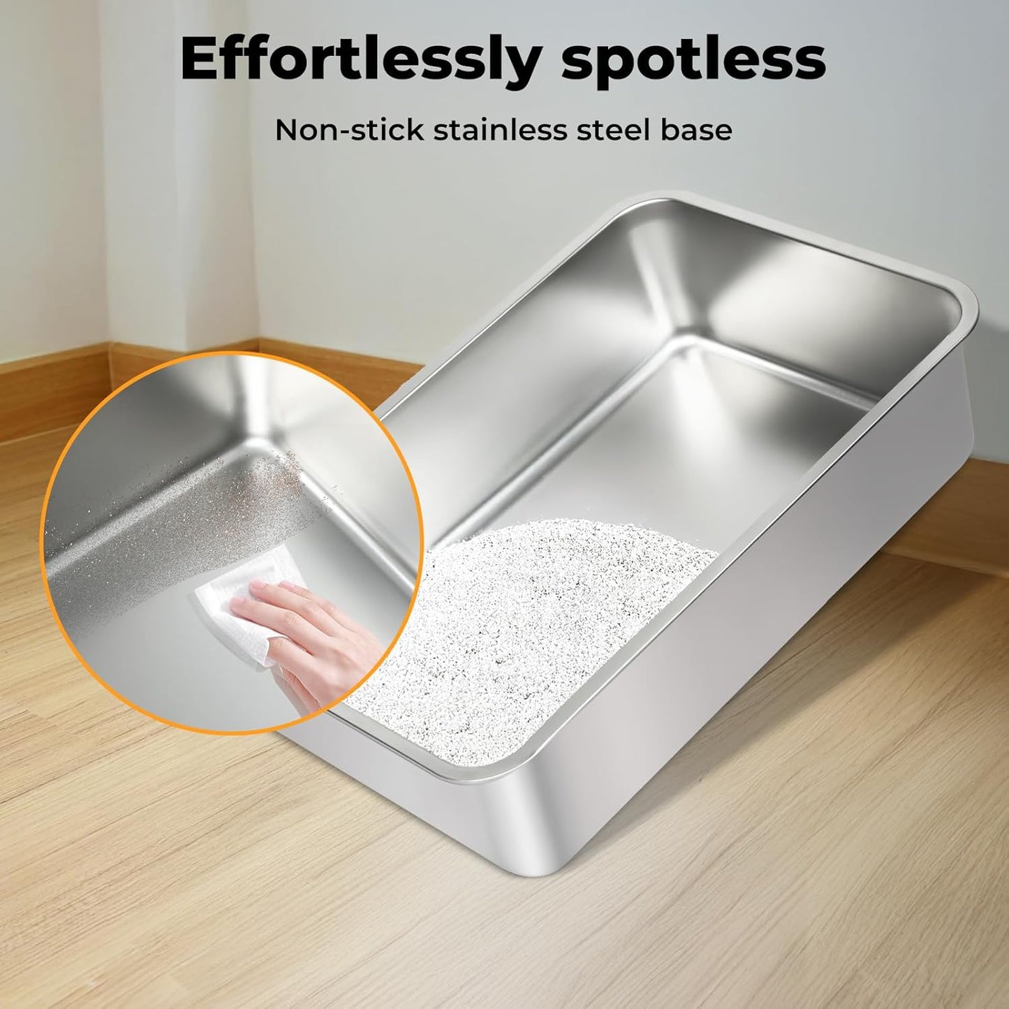 Stainless Steel Litter Box, 60×40×30Cm Extra Large Cat Litter Tray with High Sided for Big Cats, Non-Sticky Kitty Toilet with Cat Litter Scoop and Litter Mat, Anti-Urine Leakage, Easy to Clean
