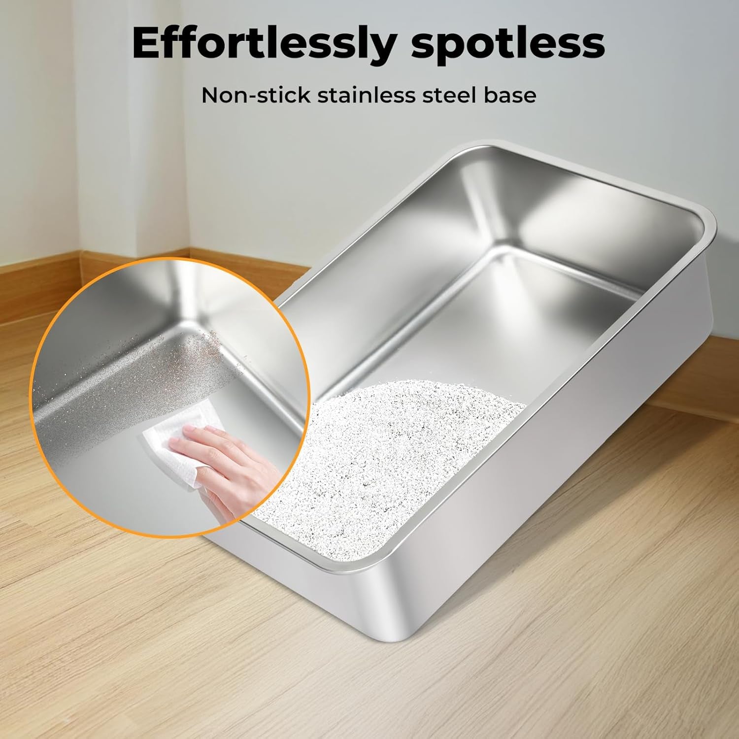 Stainless Steel Litter Box, 60×40×30Cm Extra Large Cat Litter Tray with High Sided for Big Cats, Non-Sticky Kitty Toilet with Cat Litter Scoop and Litter Mat, Anti-Urine Leakage, Easy to Clean