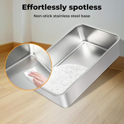 Stainless Steel Litter Box, 60×40×30Cm Extra Large Cat Litter Tray with High Sided for Big Cats, Non-Sticky Kitty Toilet with Cat Litter Scoop and Litter Mat, Anti-Urine Leakage, Easy to Clean