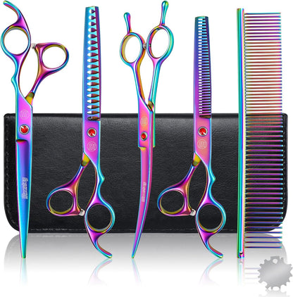 Professional Dog Grooming Scissors Set, 7 Inch/8 Inch Pet Grooming Scissors Chunkers Shears for Dog, Curved Dog Grooming Scissors, Thinning Shears for Dog with Grooming Comb | Pet Grooming Chunkers Shears for Dog, Curved Dog Grooming Scissors, Thinning Shears for Dog with Grooming Comb, Gold