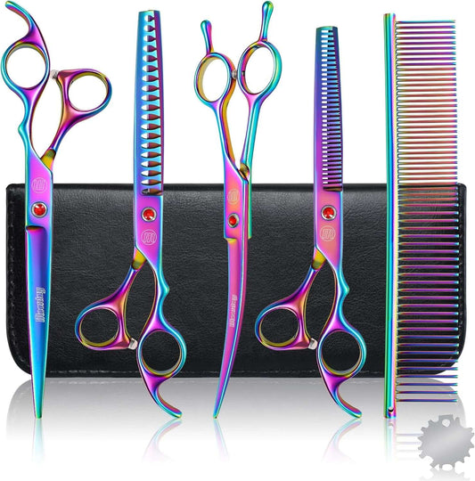 Professional Dog Grooming Scissors Set, 7 Inch/8 Inch Pet Grooming Scissors Chunkers Shears for Dog, Curved Dog Grooming Scissors, Thinning Shears for Dog with Grooming Comb | Pet Grooming Chunkers Shears for Dog, Curved Dog Grooming Scissors, Thinning Shears for Dog with Grooming Comb, Multi-Color