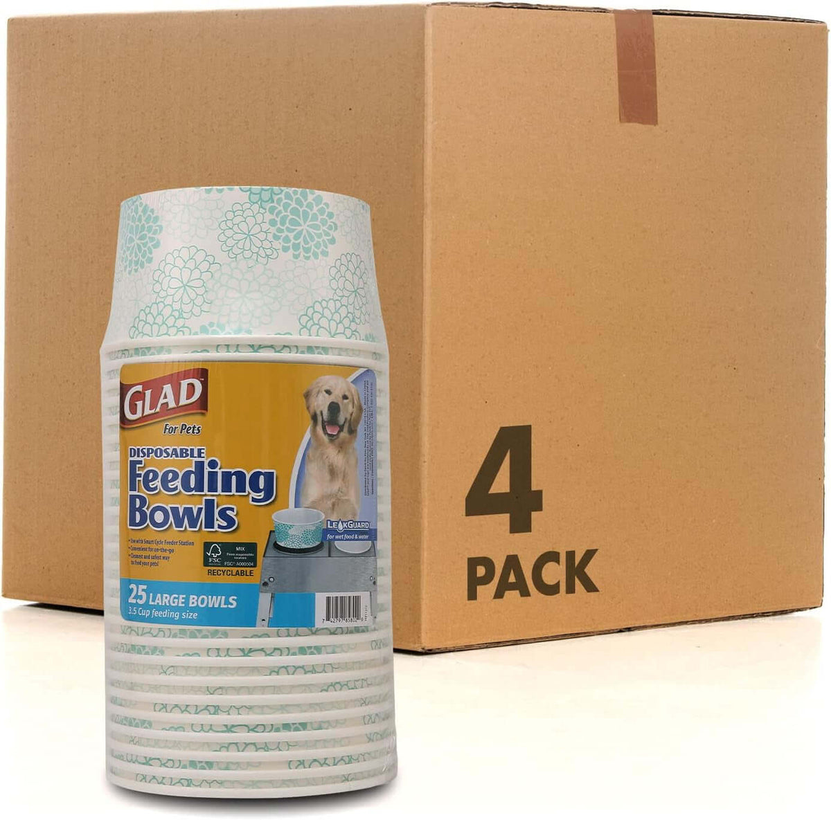 Pets Disposable Small Dog Bowls, Teal Pattern, 1.75 Cup Feeding Size Leakproof and Dishwasher Safe (Pack of 4, 100 Count Total)