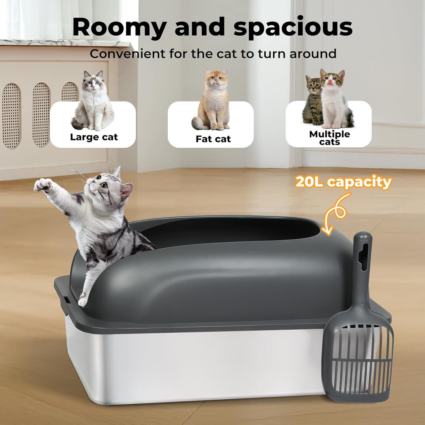 Stainless Steel Litter Box, 60×40×30Cm Extra Large Cat Litter Tray with High Sided for Big Cats, Non-Sticky Kitty Toilet with Cat Litter Scoop and Litter Mat, Anti-Urine Leakage, Easy to Clean