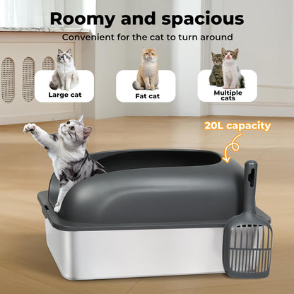 Stainless Steel Litter Box, 60×40×30Cm Extra Large Cat Litter Tray with High Sided for Big Cats, Non-Sticky Kitty Toilet with Cat Litter Scoop and Litter Mat, Anti-Urine Leakage, Easy to Clean