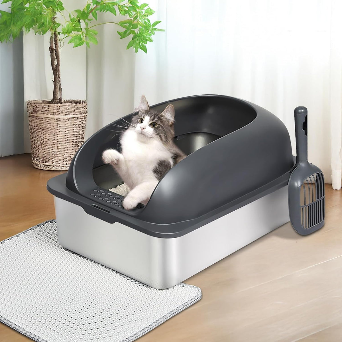 Stainless Steel Litter Box, 60×40×30Cm Extra Large Cat Litter Tray with High Sided for Big Cats, Non-Sticky Kitty Toilet with Cat Litter Scoop and Litter Mat, Anti-Urine Leakage, Easy to Clean