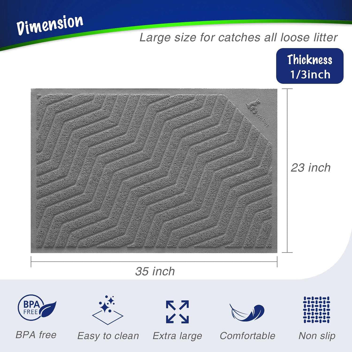 Cat Litter Mat, Kitty Litter Trapping Mesh Mat, 35 X 23 Inch Large, Premium Durable PVC Rug, No Phthalate, Urine Waterproof, Easy Clean, Washable, Scatter Control, Litter Box Carpet