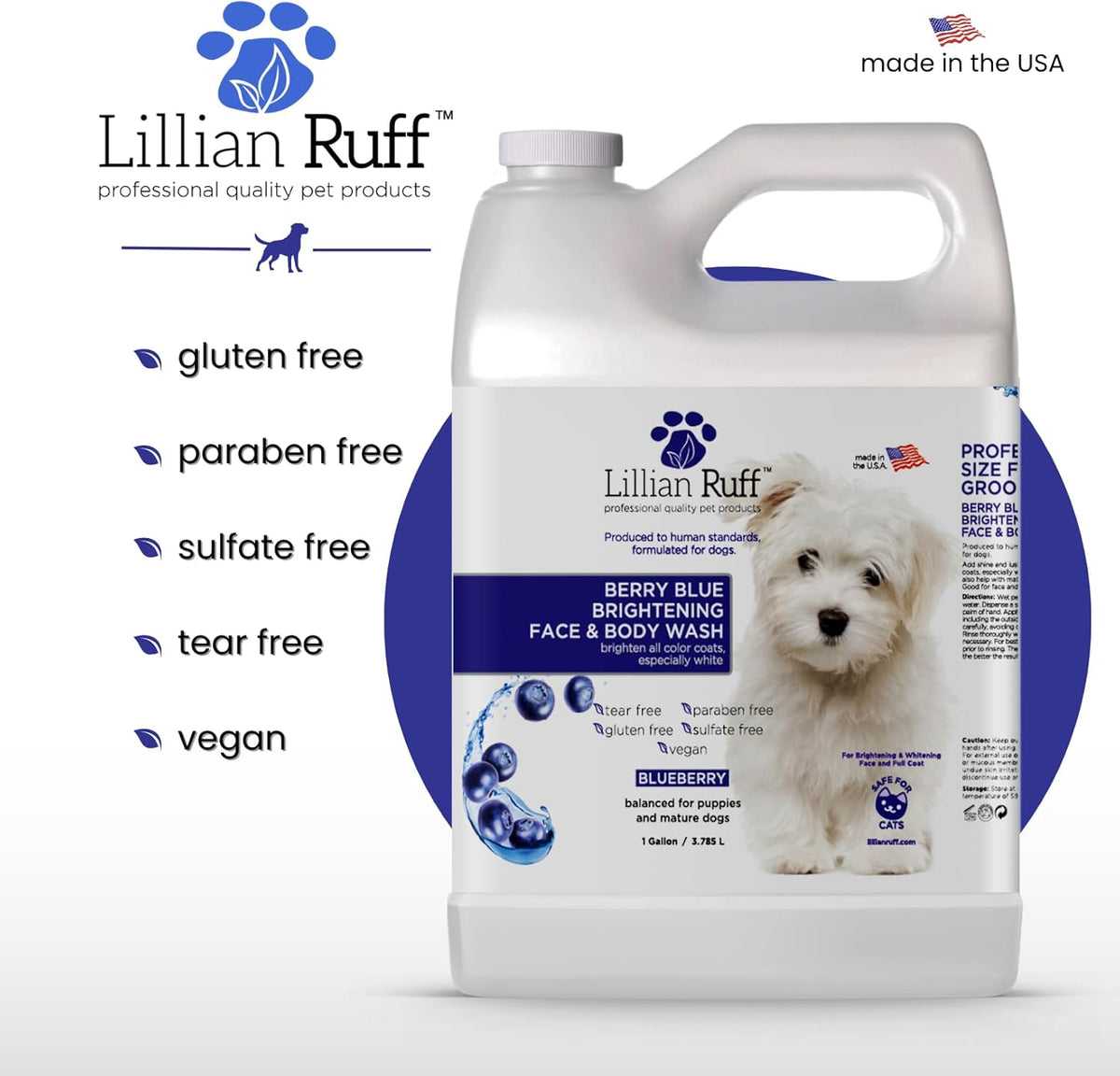 Berry Blue Brightening Face and Body Wash for Dogs - Blueberry Shampoo - Remove Tear Stains, Hydrate Dry Itchy Skin, Add Shine & Luster to Coats (Berry Blue Shampoo Gallon/Pump)