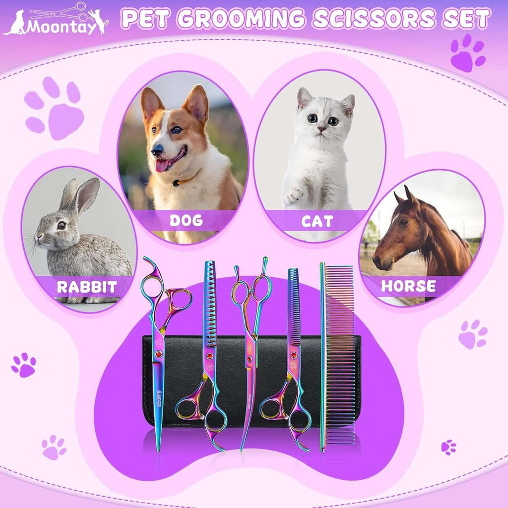 Professional Dog Grooming Scissors Set, 7 Inch/8 Inch Pet Grooming Scissors Chunkers Shears for Dog, Curved Dog Grooming Scissors, Thinning Shears for Dog with Grooming Comb | Pet Grooming Chunkers Shears for Dog, Curved Dog Grooming Scissors, Thinning Shears for Dog with Grooming Comb, Multi-Color